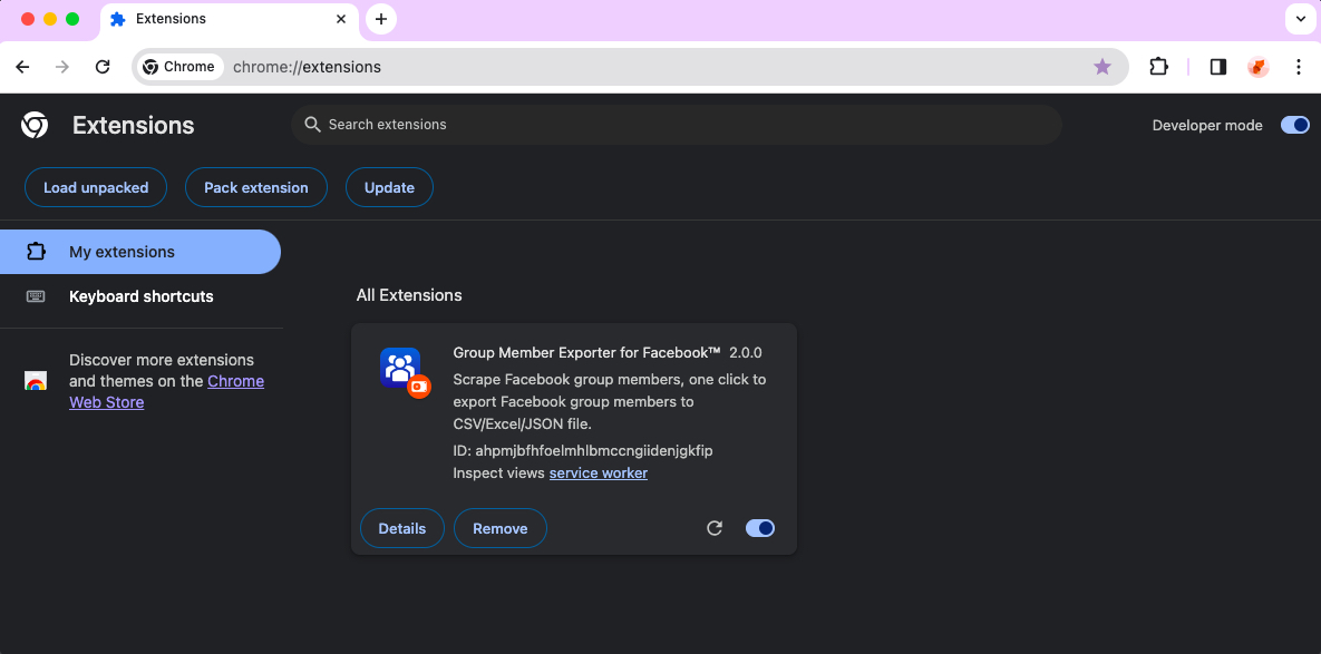 Facebook Group Export chrome extension install done