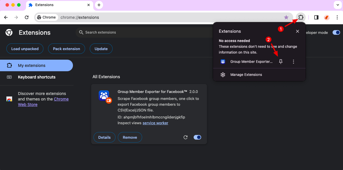 Facebook Group Export chrome extension install pin